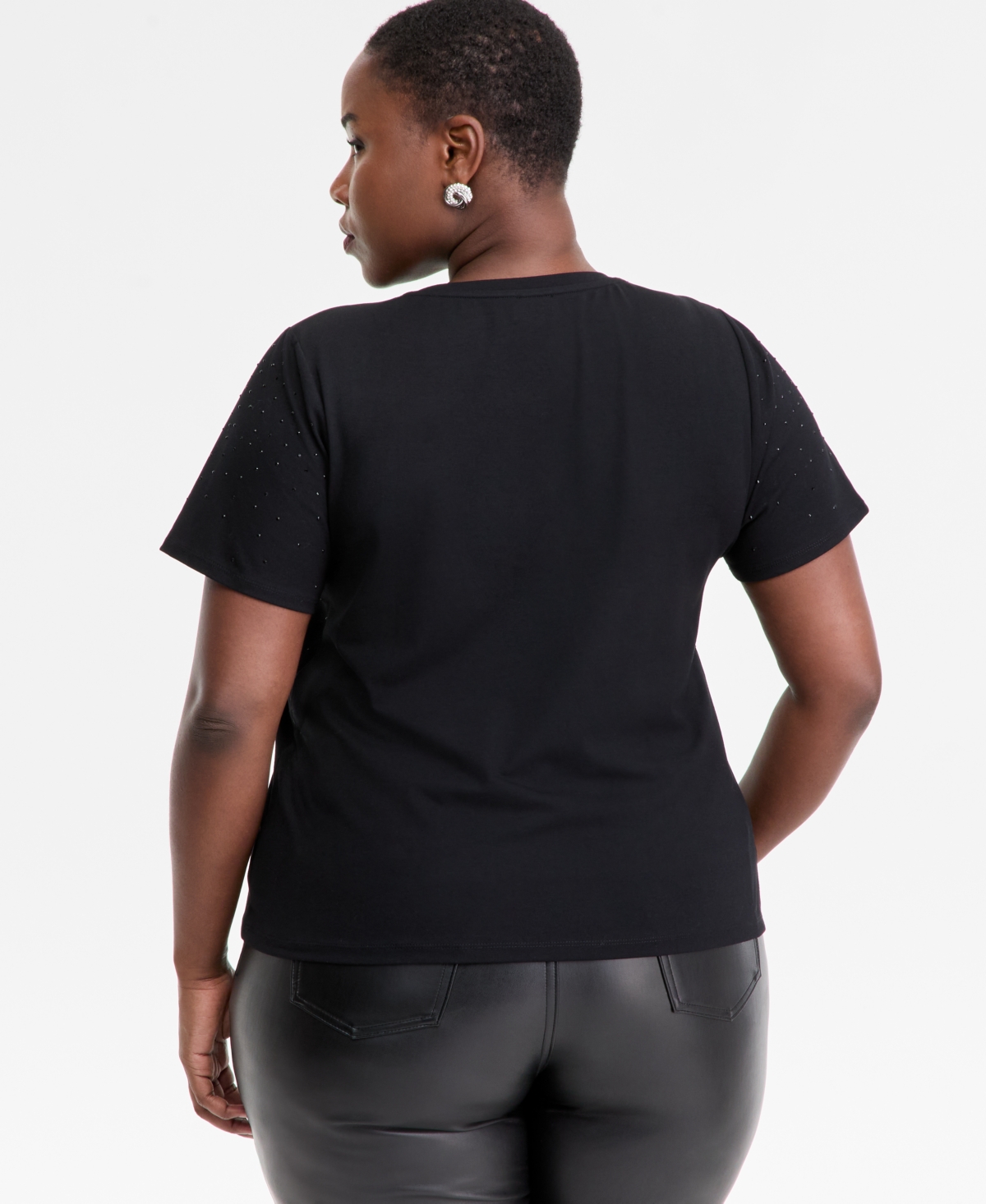 Inc International Concepts Plus Size V-neck Rhinestone-embellished Top, Macy's Exclusive In Black