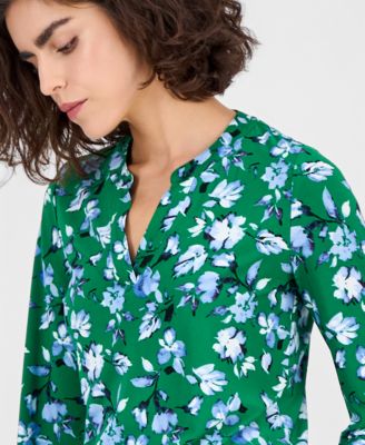 Women's Printed Split-Neck Long-Sleeve Top