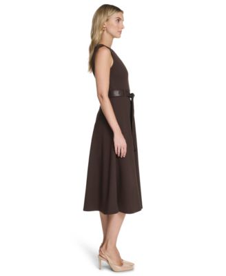 Women's Belted Crewneck Midi Dress