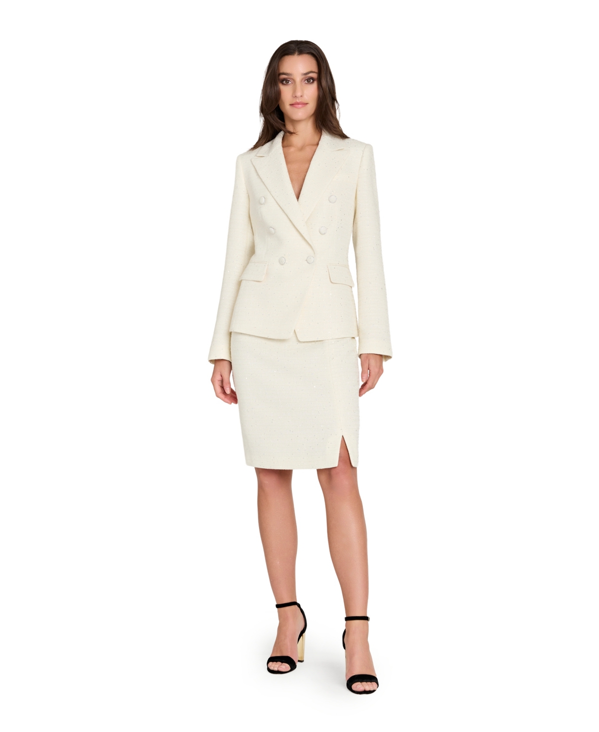 Tahari Asl Petite Sequin Tweed Double-breasted Blazer In White