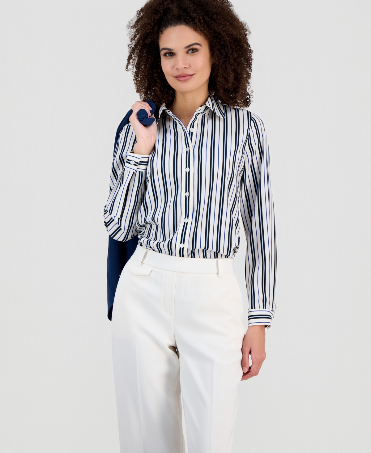Ak Anne Klein Petite Stripe Slim-fit Long-sleeve Shirt In Blue