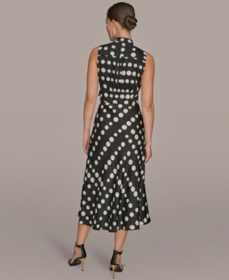 Women's Dot-Print Tie-Neck A-Line Dress