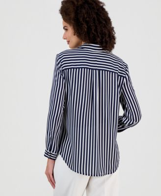 Petite Stripe Button-Front Slim-Fit Shirt 