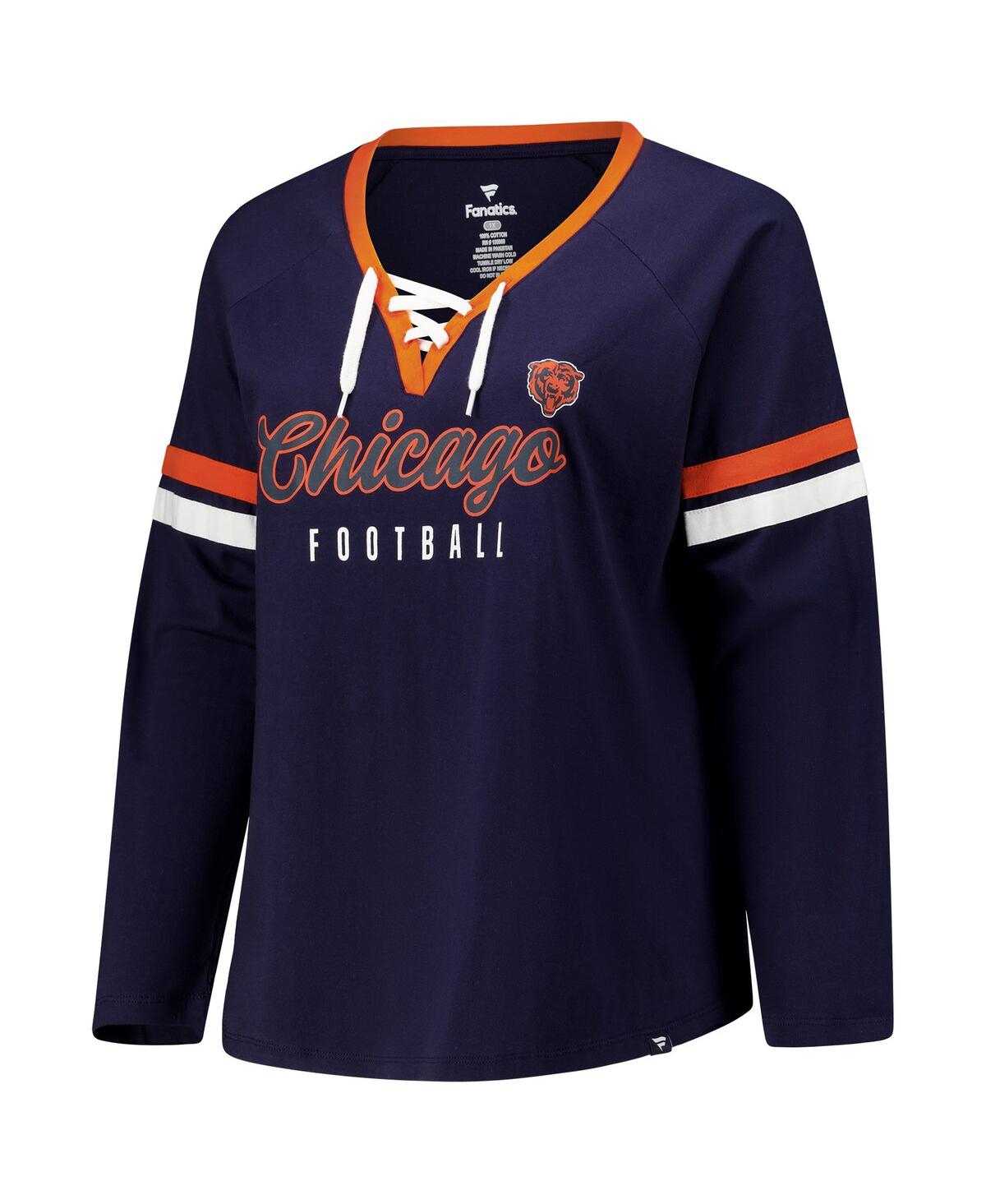 Fanatics Women's Navy Chicago Bears Plus Size Won Done Lace-up V-neck Long Sleeve T-shirt In Blue
