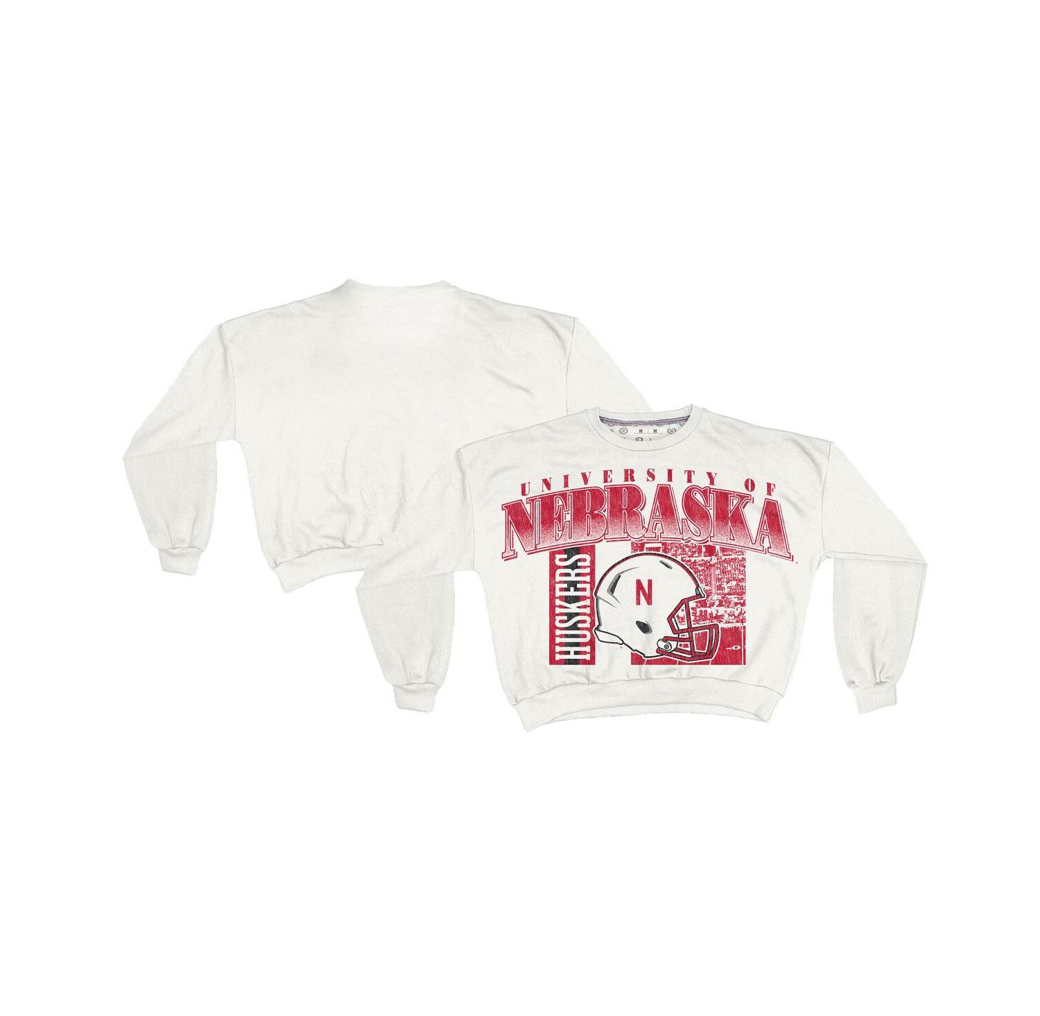 Women's White Nebraska Huskers Oversized Janice Retro Waist-Length Sweatshirt