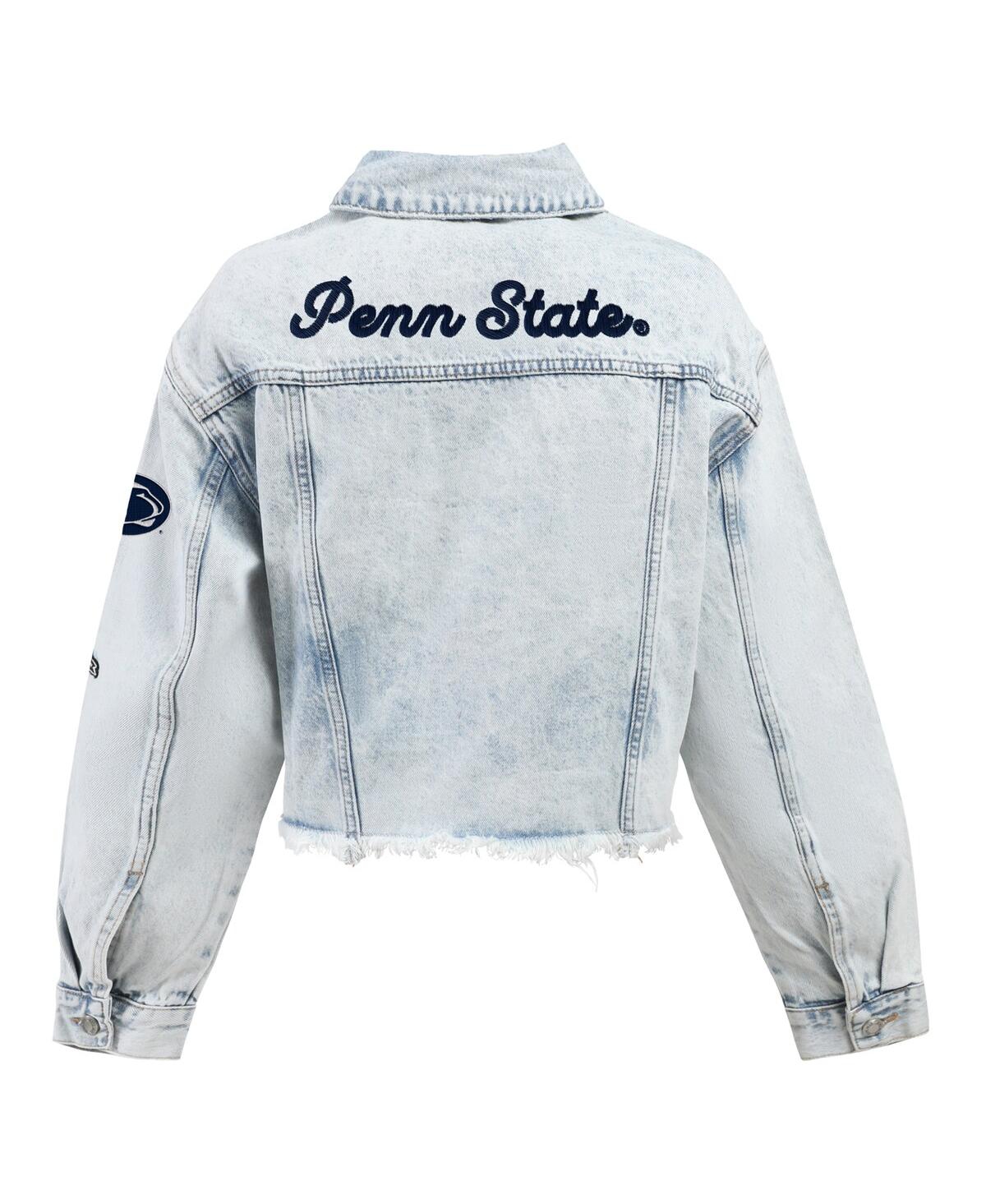 Hype And Vice Women's Denim Penn State Nittany Lions Lightwash Cropped Button-up Jean Jacket In Blue