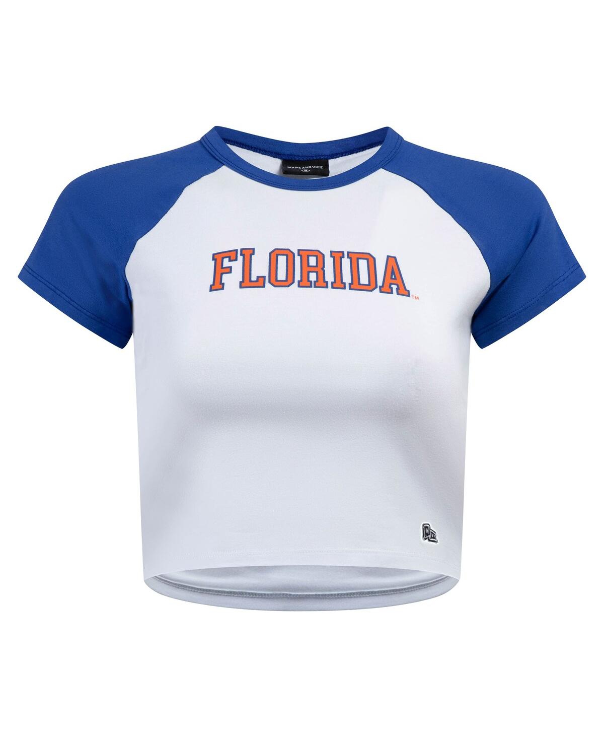 Hype And Vice Women's White/royal Florida Gators Homerun Cropped Raglan T-shirt In White