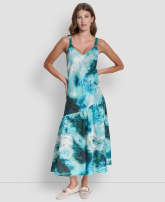 DKNY - Women's Shirred Sleeveless Printed V-Neck Dress