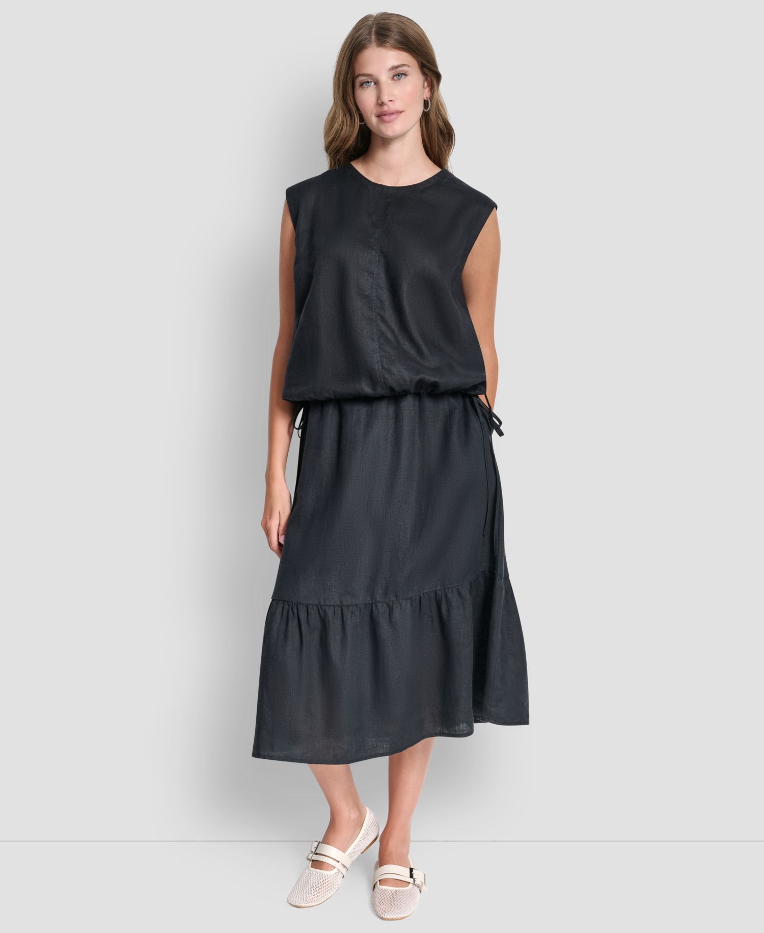 Women's 100% Linen Drawstring Hem Sleeveless Top