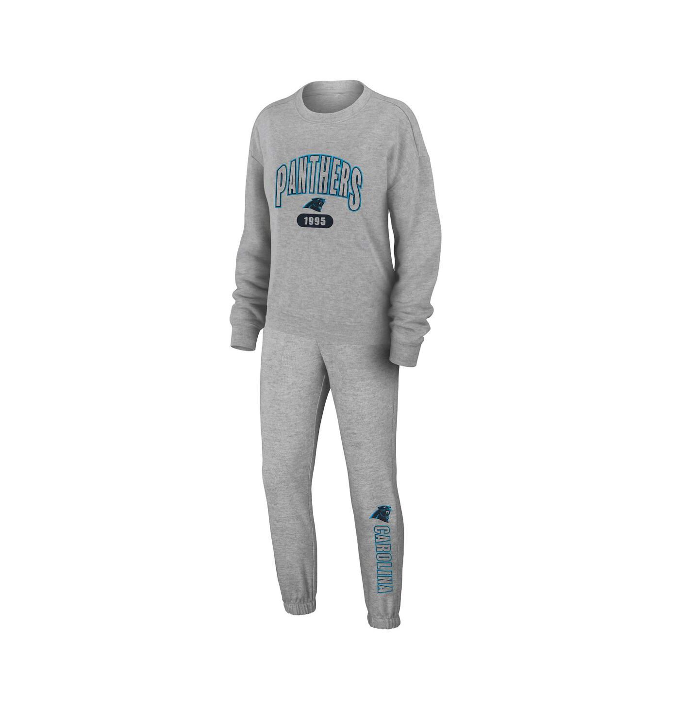 Женские пижамы WEAR by Erin Andrews Women's 2-Piece Heather Gray Carolina Panthers Knit Long Sleeve Tri-Blend T-Shirt and Pants Sleep Set — фото 1
