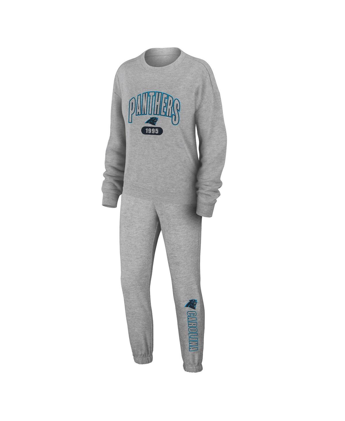 Wear By Erin Andrews Women's 2-piece Heather Gray Carolina Panthers Knit Long Sleeve Tri-blend T-shirt And Pants Sleep Se