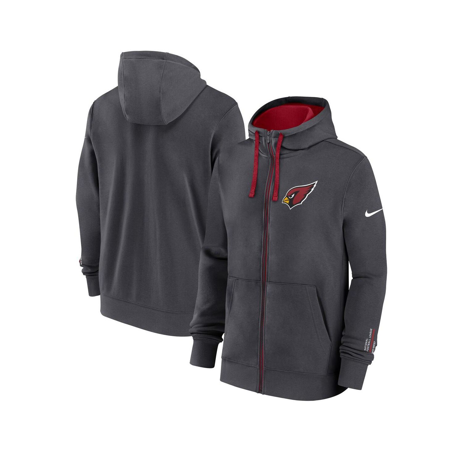 Men's Anthracite Arizona Cardinals Primetime Club Full-Zip Hoodie