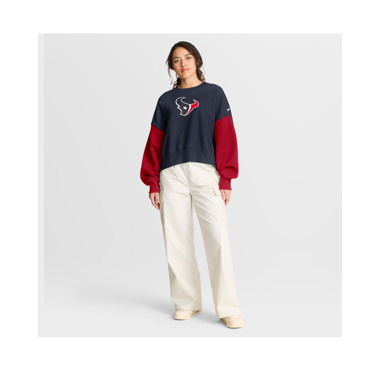Women's Navy Houston Texans Oversized Color-Block Pullover Sweatshirt