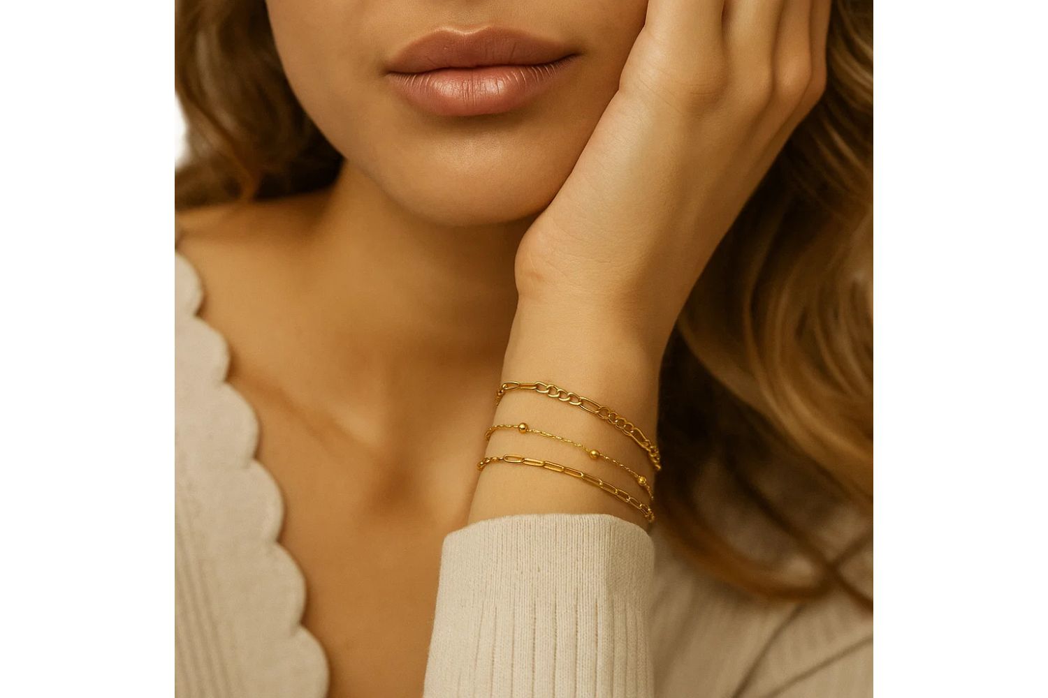 Adriana 3-Piece Stackable Bracelet Trio Set, Beaded, Figaro, Paperclip Link