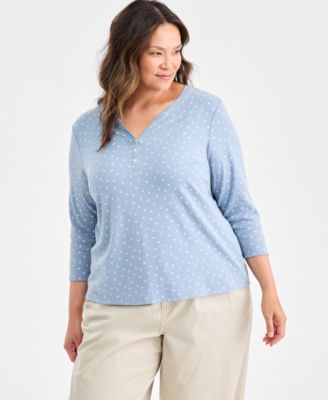 Style & Co - Plus Size Printed Henley 3/4-Sleeve Top