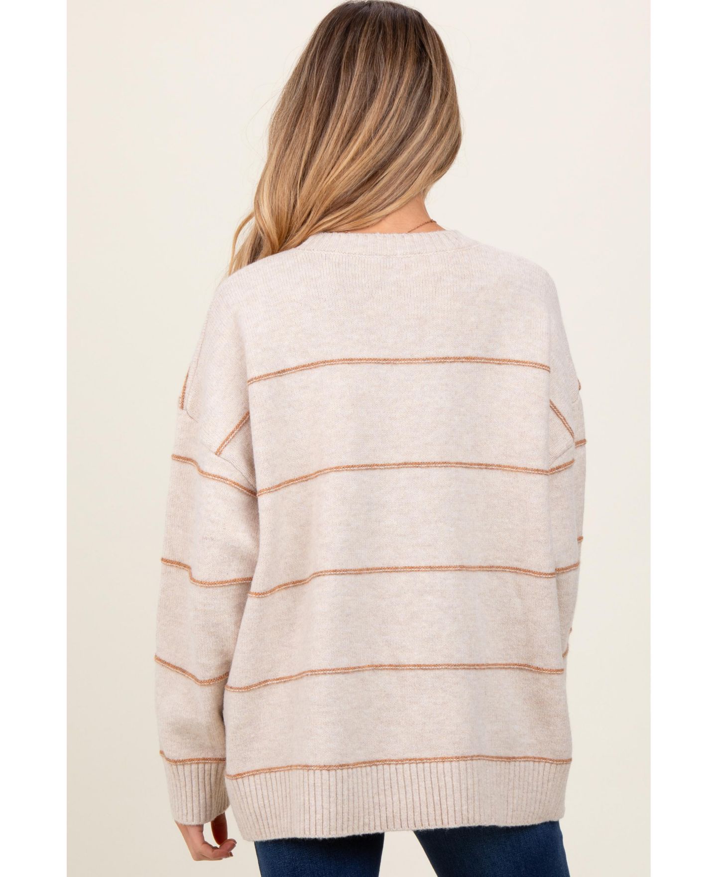 Женский свитер Pinkblush Olive Striped Drop Shoulder, цвет: Бежевый — фото 4