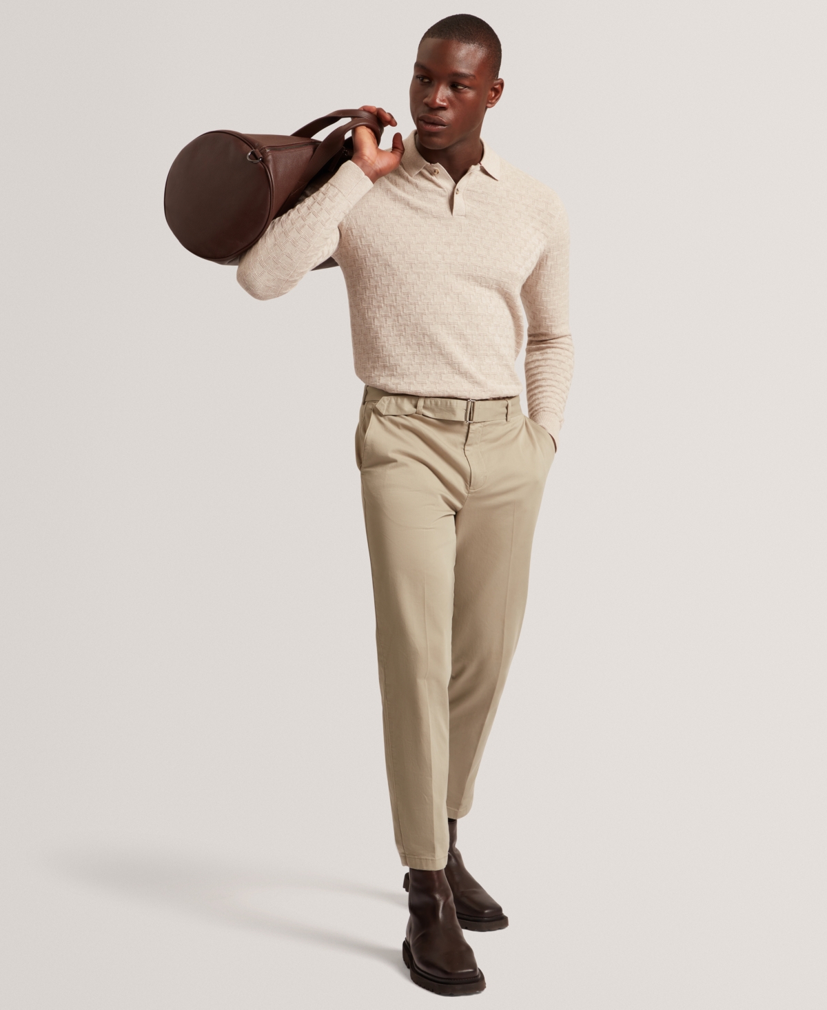 Ted Baker Gaten Long Sleeve Textured Stitch Polo In Neutral