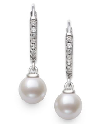 Cultured Freshwater Pearl (6-7mm) and Lab Created Sapphire Drop Earrings in Sterling Silver