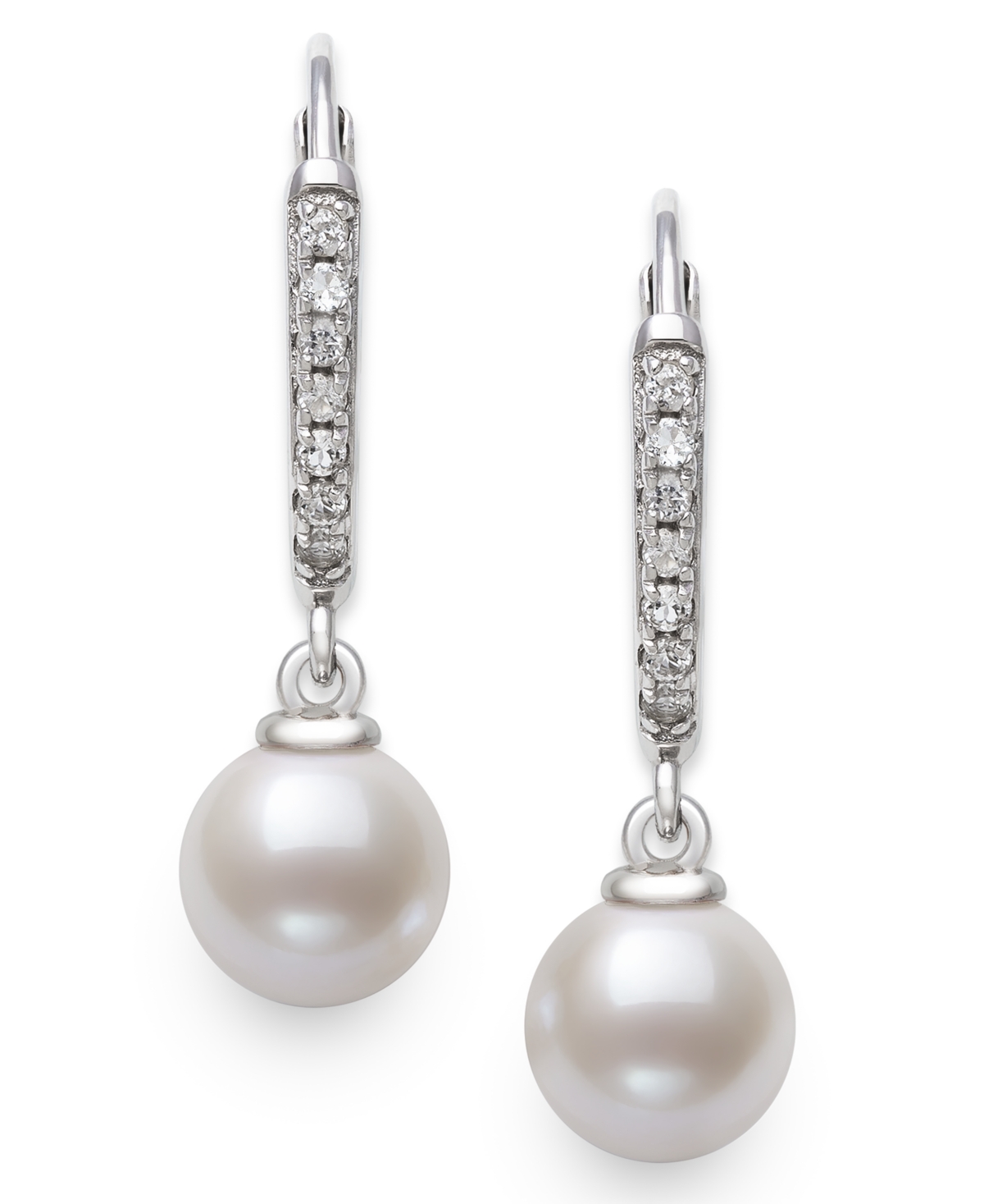 Belle De Mer Cultured Freshwater Pearl (6-7mm) And Lab Created Sapphire Drop Earrings In Sterling Silver In White
