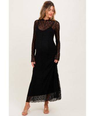 Maternity White Lace Mock Neck Long Sleeve Maxi Dress