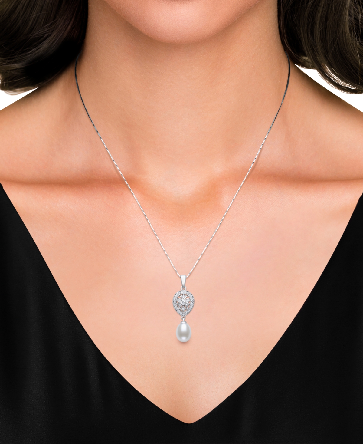 Belle De Mer Cultured Freshwater White Drop Pearl (8-9mm) And Lab Created Sapphire Necklace In Sterling Silver In White