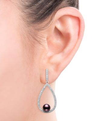 Cultured Freshwater Peacock Black Pearl (6-7mm) and Lab Created Sapphire Drop Earrings in Sterling Silver
