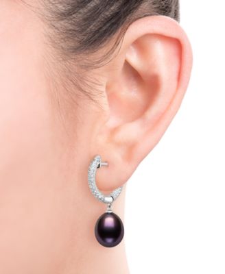 Cultured Freshwater Peacock Black Pearl (10-11mm) and Lab Created Sapphire Drop Earrings in Sterling Silver