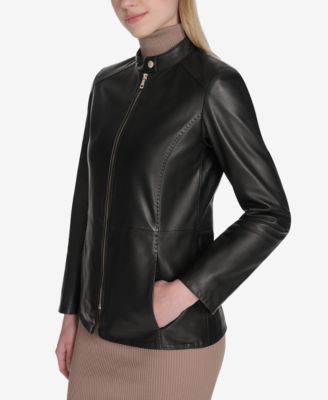 Women's Hand Stitched Detail Stand Collar Leather Jacket