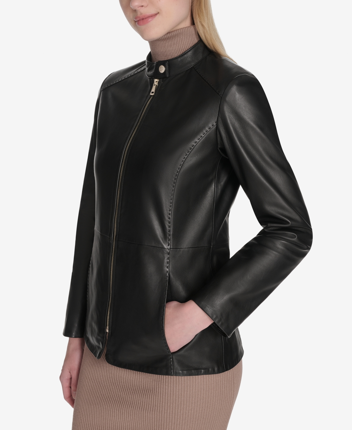 Cole Haan Women's Hand Stitched Detail Stand Collar Leather Jacket
