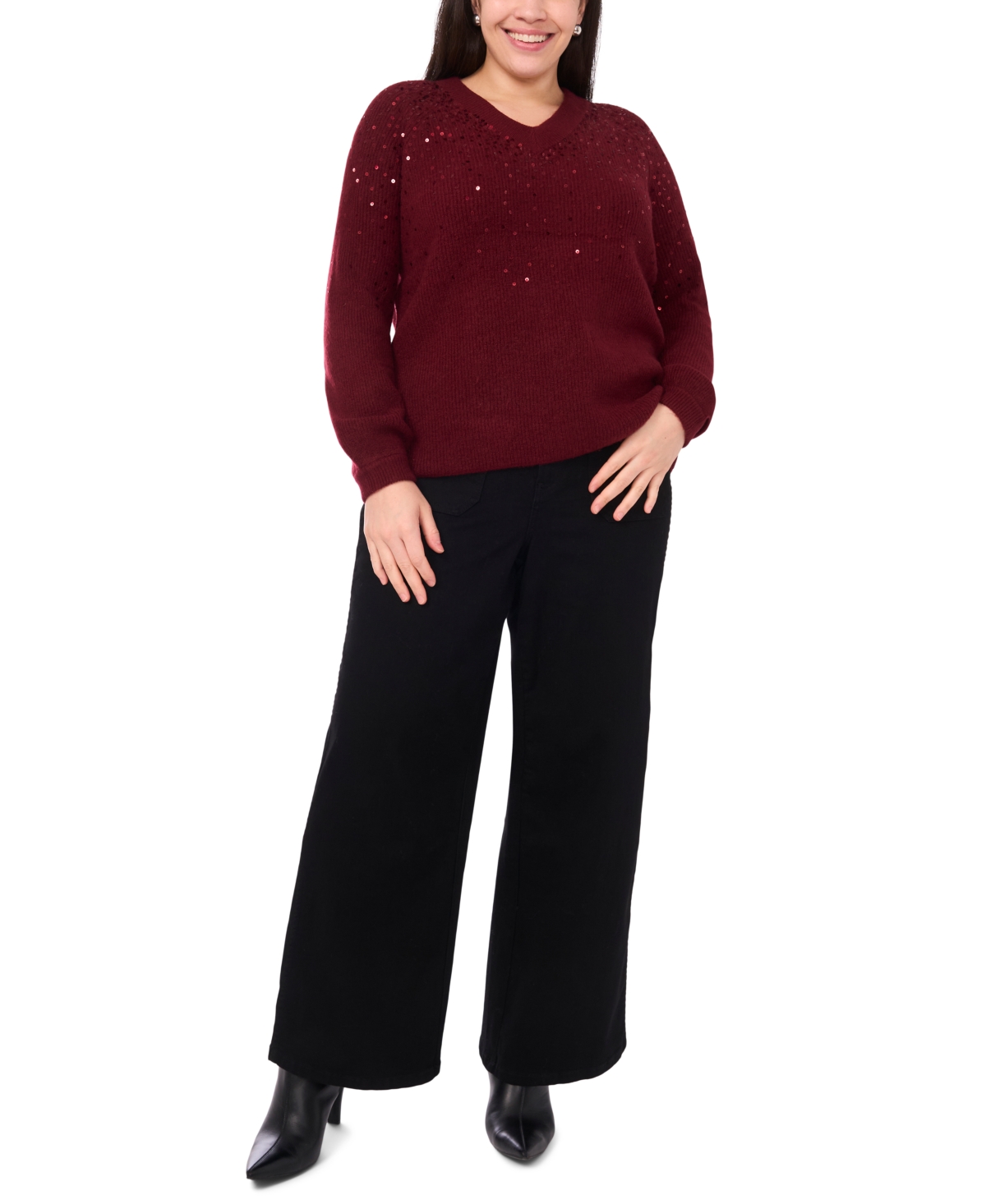 Vince Camuto Plus Sequin V-Neck Raglan Sweater