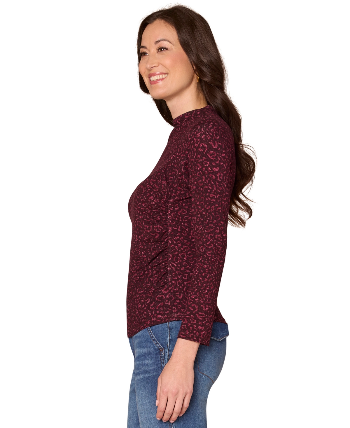 Democracy Petite Leopard-print Mock Neck Top In Burgundy
