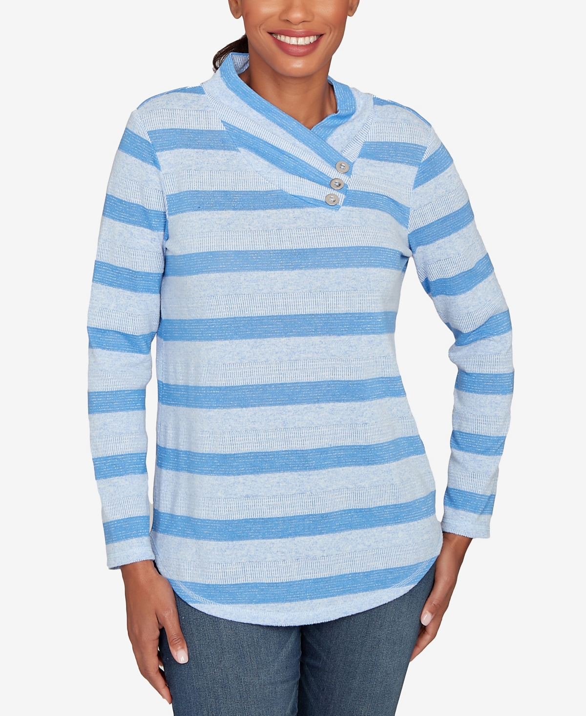 Ruby Rd. Petite Metallic Stripe Button Accent Knit Top In Multi