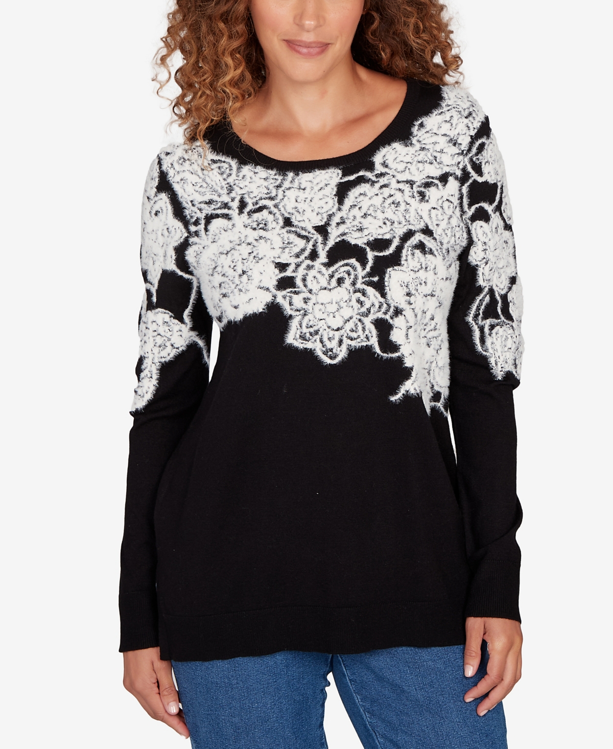 Ruby Rd. Petite Floral Placement Eyelash Sweater In Black