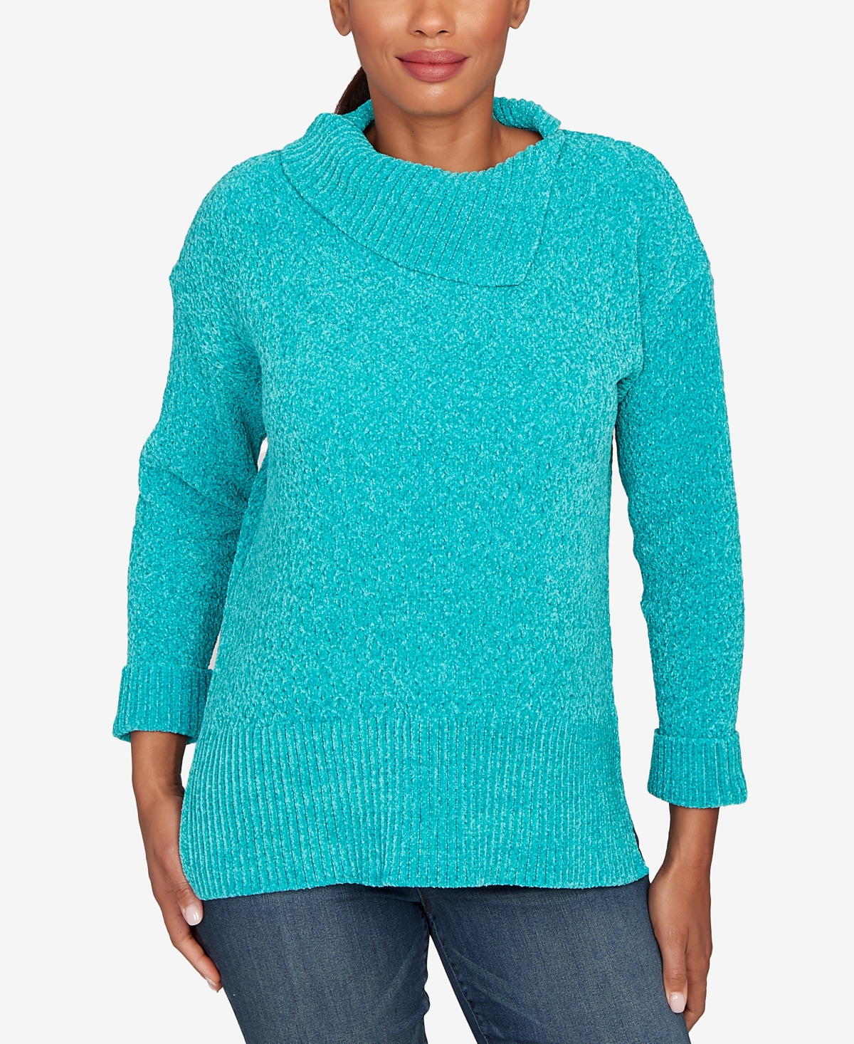 Ruby Rd. Petite Split Cowl Chenille Pullover Sweater In Blue