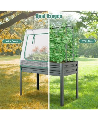 Raised Garden Bed w/ Cover & Legs Roll-up Window Climbing Trellis Drainage Holes