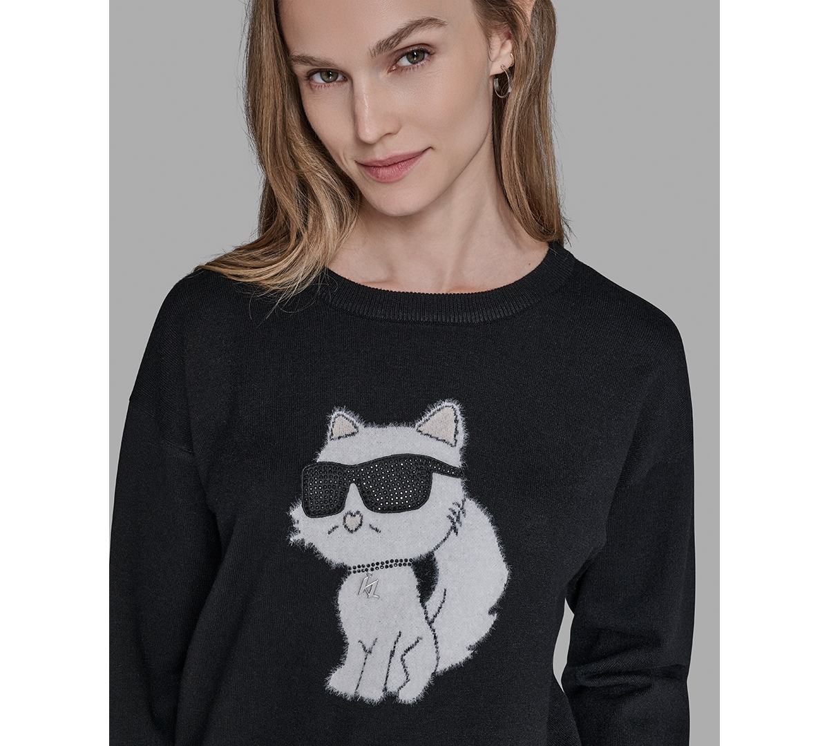 Karl Lagerfeld Paris Petite Choupette with Sunglasses Printed Long Sleeves Sweater