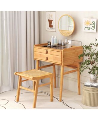 Bamboo 2-Drawer Mirror Makeup Vanity Table