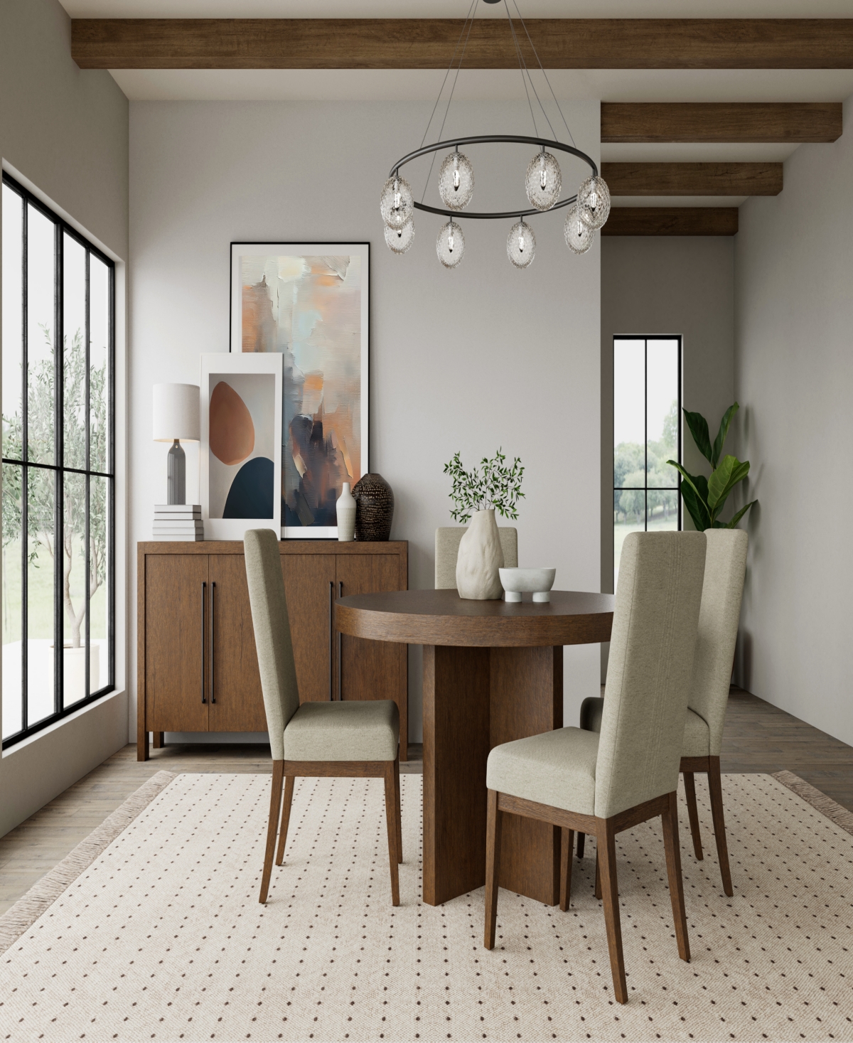Macy's Davie Cracked Oak 54" Round Dining 5 Pc. Set (table & 4 Upholstered Chair)