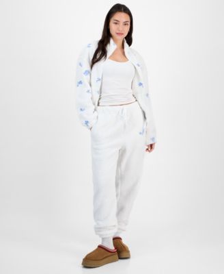 Madden Girl Juniors Embroidered Zip Up Sherpa Jacket Sherpa Joggers In Blue