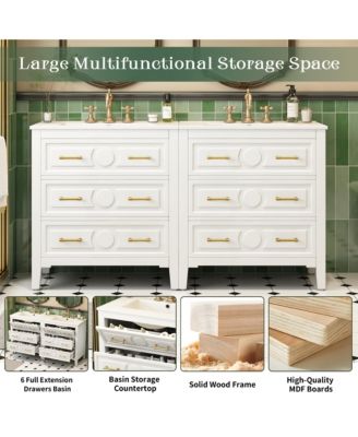 60inch Bathroom Vanity Set with Ceramic Sink Separate Free Standing Single Vanity Set with 3 Drawers Solid Wood Frame Bathroom Storage Cabinet White