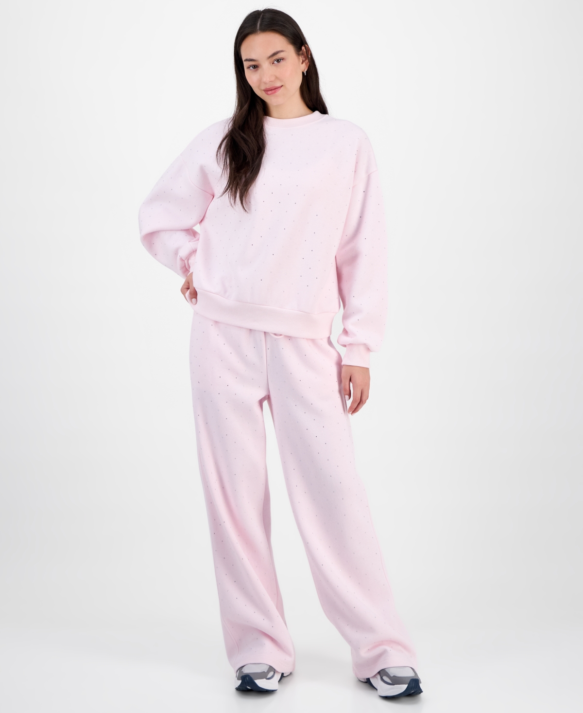Madden Girl Juniors' Rhinestone-front Wide-leg Sweatpants In Pink