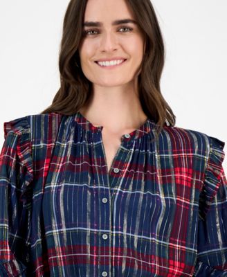Women's Plaid Shine Ruffle Sleeve Blouse, Macy's Exclusive