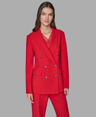 KARL LAGERFELD PARIS - Women's V-Neck Double-Breasted Satin Trim Jacket