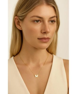 Gold Butterfly Pendant Necklace with Mother of Pearl Inlay