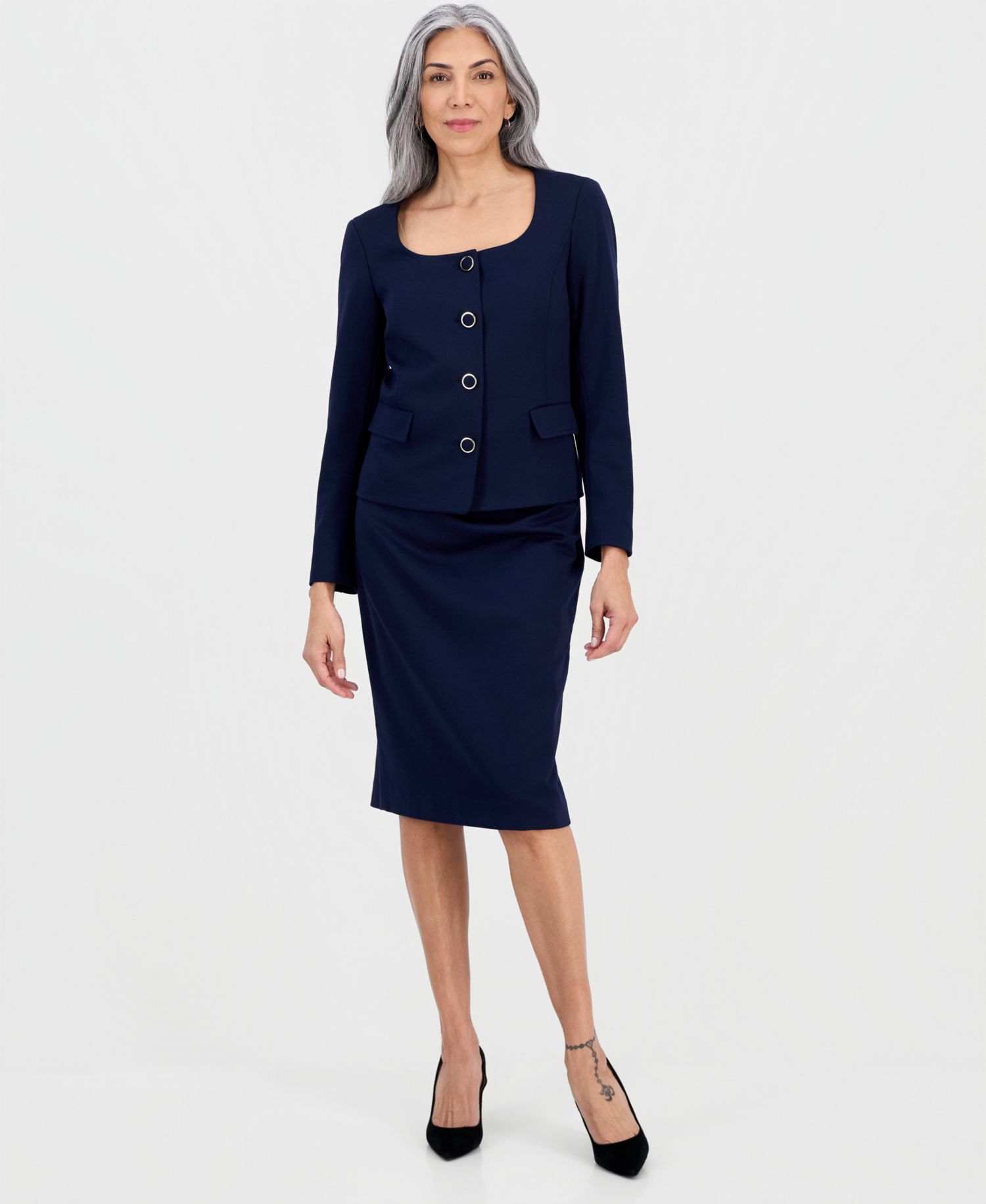 Women's Square-Neck Button-Front Ponte 2 Piece Skirt Suit