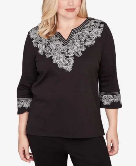 Petite Barcelona Embroidered Scroll Accent Soft Knit Top - Black