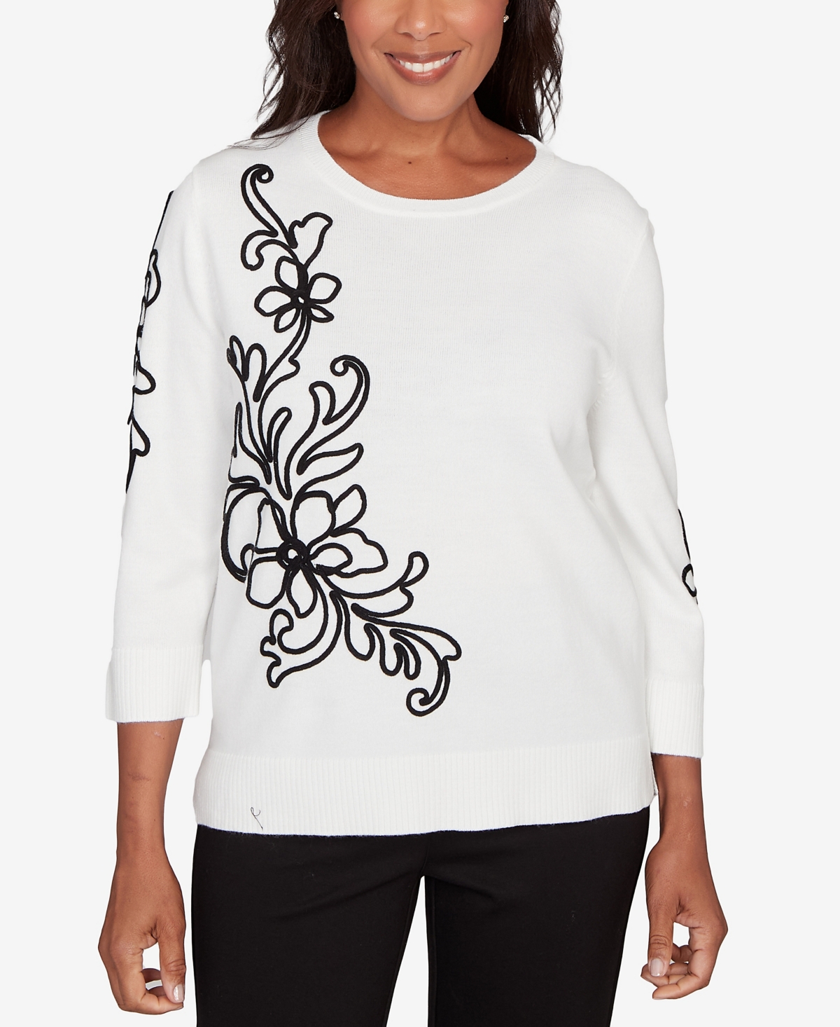 Alfred Dunner Petite Barcelona Floral Soutache Lightweight Sweater In White
