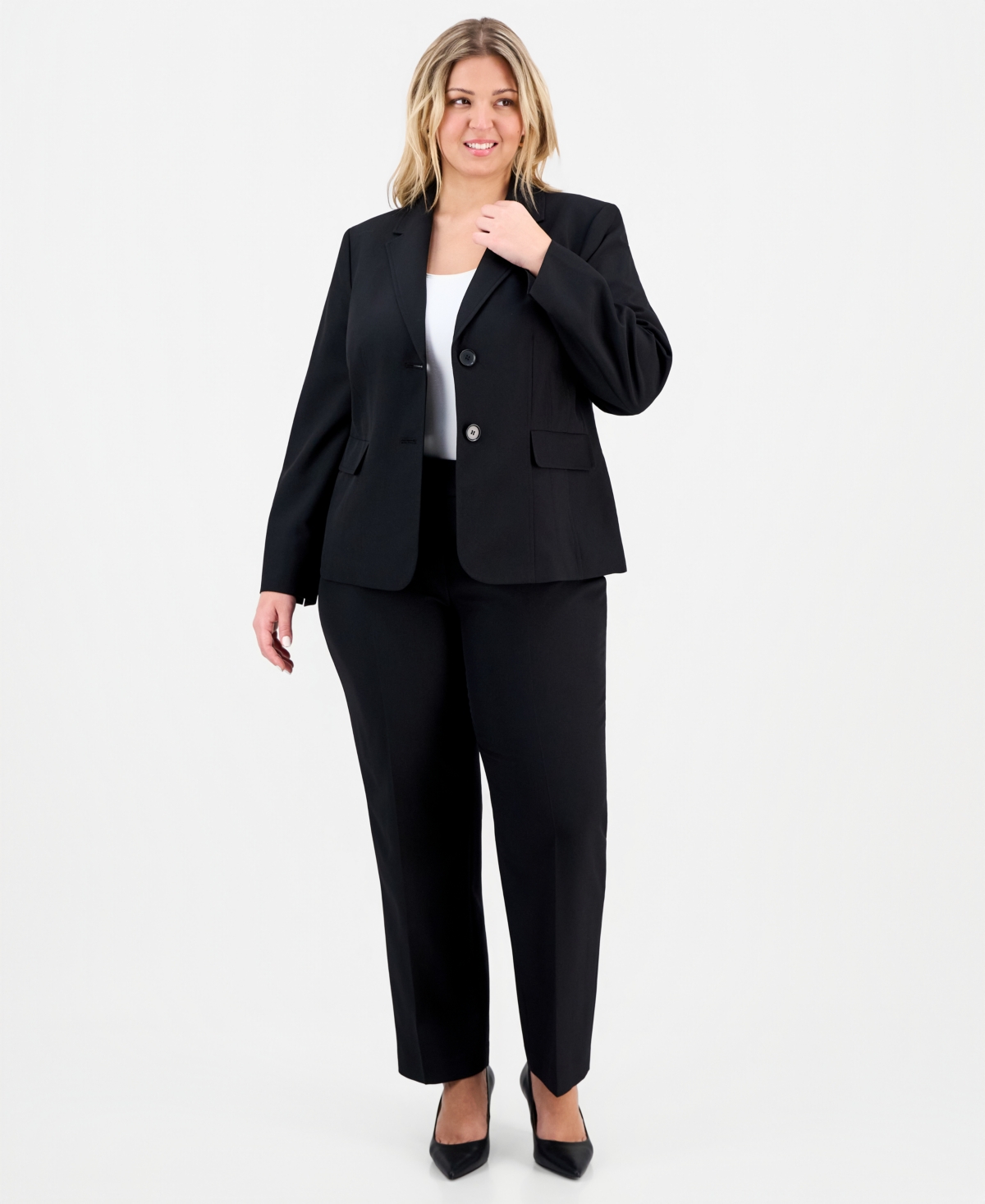 Le Suit Plus Size Notch-lapel Mid-rise Pantsuit In Black