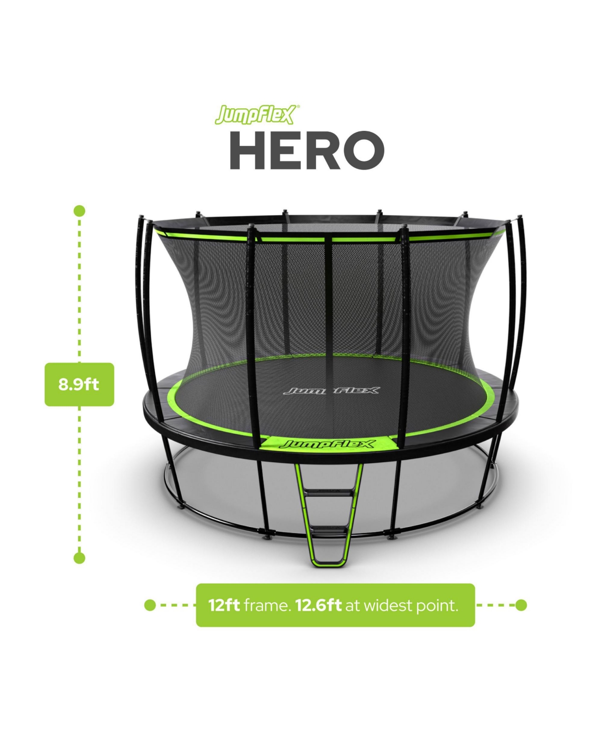 JumpFlex Hero 12' Trampoline for Kids Outdoor Play Equipment with Net & Ladder