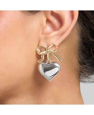 Silver Heart Drop Earrings with Gold Bow Accent